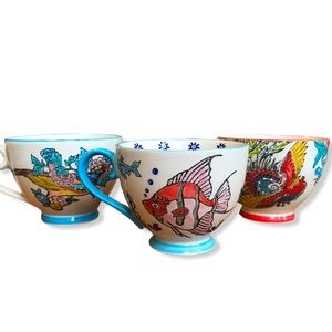 Set of 3 Japanese style painted teacups + tea cups
